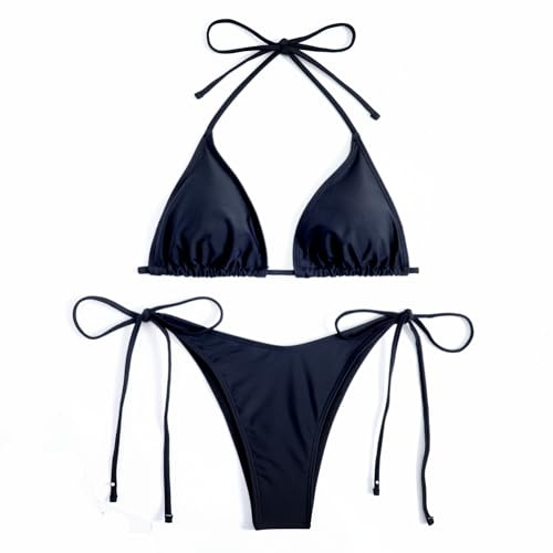 Traje de Baño de Dos Piezas Mujer Acolchada Clásico Ajustable Halter Triángulo Bikini Top Bikini Tanga Brasileño,Negro,M
