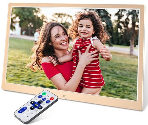 TSITSC Cornice digitale da 12 pollici, 1280 x 800 IPS, cornice elettronica calendario/funzione orologio/musica/lettore foto/video con telecomando, supporta scheda USB/SD (oro)