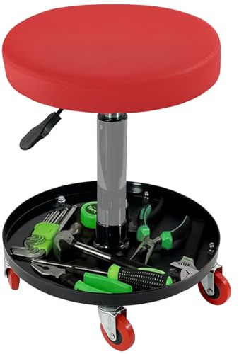 Crystals Adjustable Pneumatic Rolling Mechanic Stool with Removable Tool Tray, 5 Universal Casters, and Swivel Padded Chair for Garage, Workshop, and Auto Repair Shop, Red
