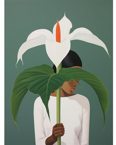 Artery8 Giant Peace Lily Showcase Realistic Oil Painting White Teal Green Woman with Flower Minimalist Artwork Large XL Wall Art Canvas Print