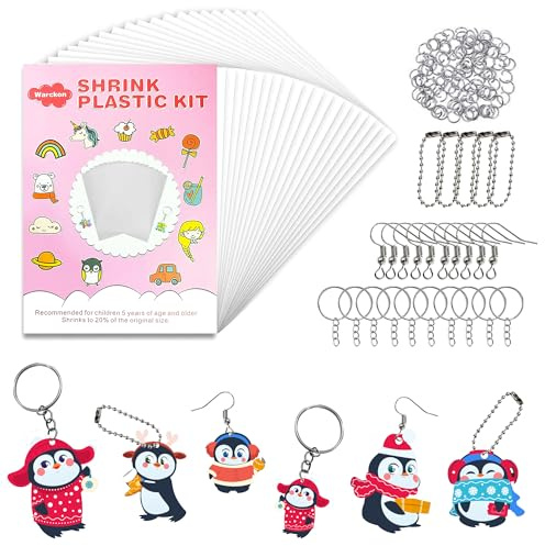 Warckon 137 Pieces Shrink Plastic Sheet Kit, Includes 12 PCS Shrinky Art Paper with 125 PCS Keychains Accessories for Kids Creative Craft, 5.82 x 4.13 inch / 14.8 x 10.5 cm (A6 Size)