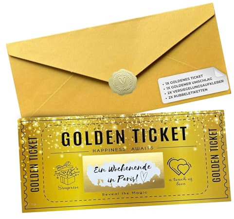 Mikki Joan - Golden Ticket Kratzkarte – Personalisierbares Geschenkset für Geburtstagsgeschenke, Kinogutscheine & besondere Nachrichten – Elegantes Golddesign