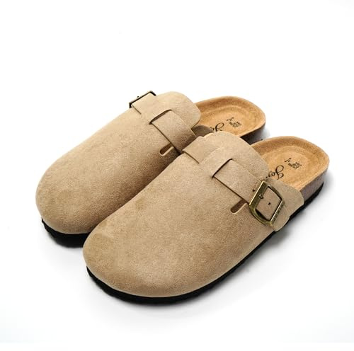 JOMIX Zapatillas Casa Mujer con Hebilla Zuecos y Mules Mujer Ante con Plantilla Ortopédica Sandalias Cómodas MD2438, Beige, 39 EU