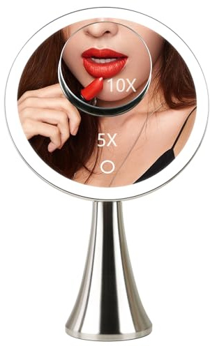 9inch Lighted Round Makeup Vanity Mirror, 5X/10X Dual Magnification with Ultra Bright LED Lights Beauty Mirror, Rechargeable, Cordless, Touch Control Adjustable Brightness, Brushed Stainless Steel