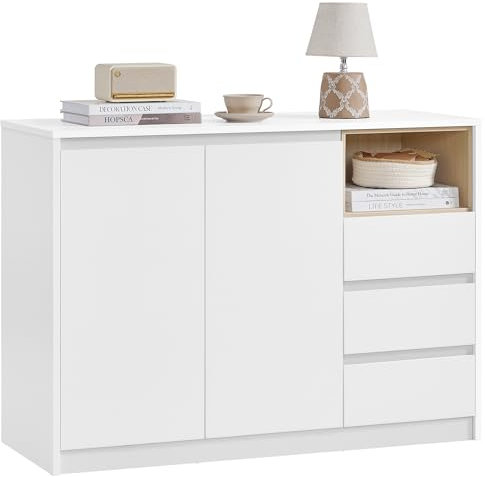 VASAGLE Kailyn Collection - Buffet, Armoire de Rangement, avec Porte et Étagère Réglable, 3 Tiroirs, Moderne, 40 x 103,3 x 74,5 cm, Salon, Salle à Manger, Bureau, Blanc Nuage BBK273W21V1
