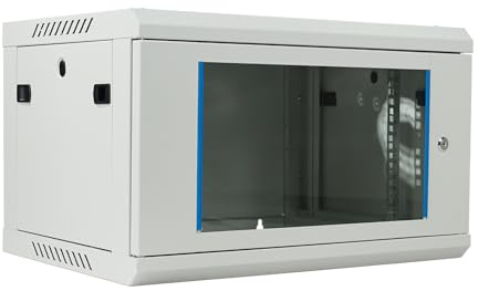 Netzwerkschrank 19 Zoll 6HE I 450 mm Tiefe I Serverschrank Grau I Wandmontage I abschließbare Glastür I voll montiert I 100 kg Traglast I 600×450×369 mm (Grau - 45cm, 6HE)