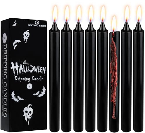 DECO EXPRESS Bougie Halloween, Lot de 8 Bougies Longues Noires, Effet Sang Qui Goutte, Déco Halloween Gothique Maison ou Fête, Durée 5 Heures (Noir Goutte)