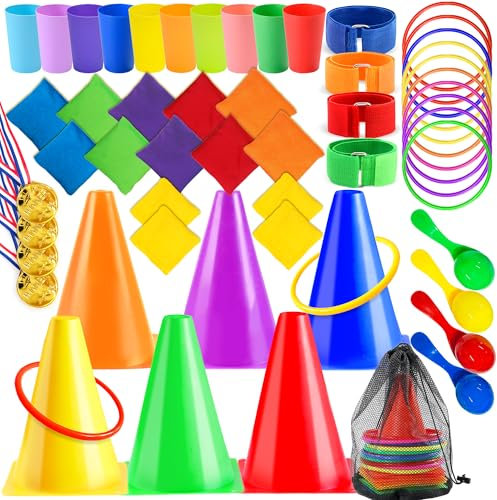 Chennyfun 49 Pezzi Set di Giochi da Esterno, 4 in 1 Set di Festa con Sacchetti di Fagioli, Coni di Plastica, Anelli da Lancio e Uovo e Cucchiaio, Gioco di Gruppo All'Aperto Kit per Bambini Adulti