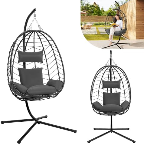 Laneetal Silla Colgante, Silla Huevo con Soporte, Columpio con Cojín y Reposacabezas, Carga 150 kg, PE Aspecto Ratán, Estructura de Metal, para Jardín Patio Terraza 102x100x196 cm, Gris Oscuro