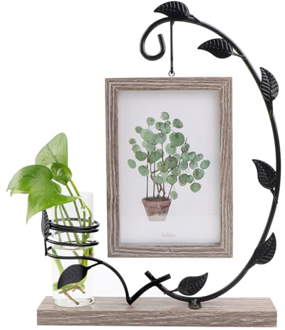 JTgugu 10 x 15 cm Cornice per foto in legno con vaso supporto in metallo, cornice doppia in vetro personalizzata, vintage, in legno, regalo di Natale e matrimonio (Grigio - Cornice per foto con rami e