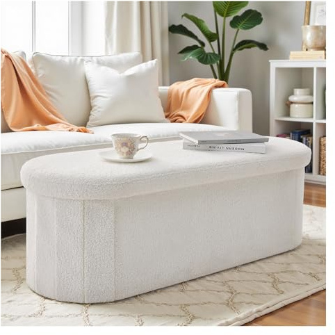 INMOZATA Boucle Ottoman Storage Box Folding Ottoman Storage Box 100L Ottoman Storage Bench Storage Ottoman Boxes with Lid for Living Room, Bedroom, Entryway(White)
