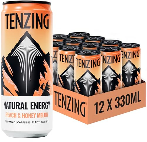 TENZING Natural Energy Drink, Plant Based, Vegan, & Gluten Free Drink, Peach & Honey Melon, 330ml (Pack of 12) - Packaging may vary