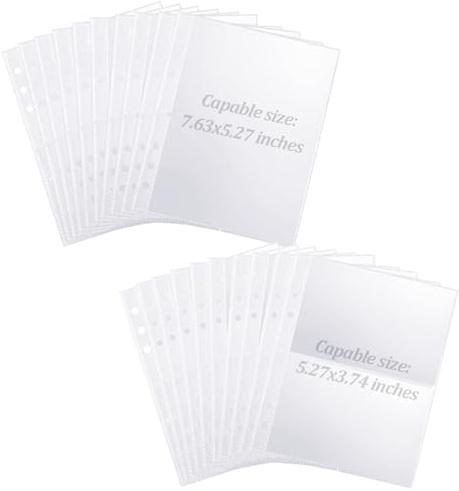 20 Sheets A5 Binder Pockets, Clear Plastic Photocard Sleeves A5 Planner Inserts for 6 Ring Binders, Double Sided Card Sleeves Binder Sheets Protectors Ideal for Photos Cards Stickers, Easy to Organize
