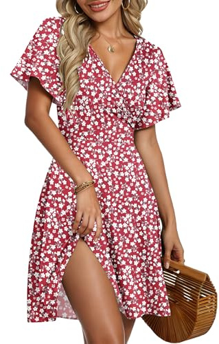 AUSELILY Robe d'Été pour Femmes Robe Portefeuille à Manches Courtes Volantées avec Col V, Imprimé Floral et Croisement Devant pour la Plage Fleurs Rouges M