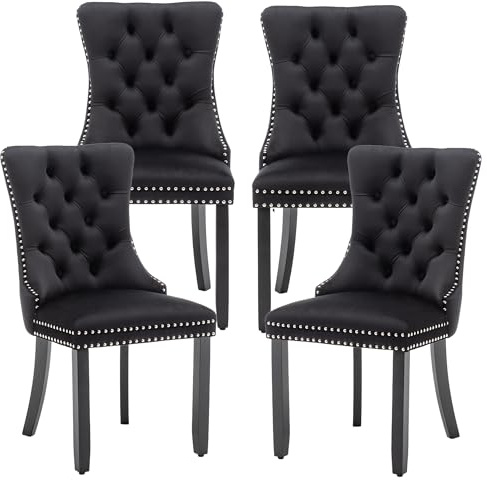 Tsuysi Mid Century Modern Dining Chair Set of 4 Velvet Upholstered Dining Room Chair Farmhouse Dining Accent Chairs with High Back and Nailhead Trim for Kitchen, Living Room, Bedroom (Black)