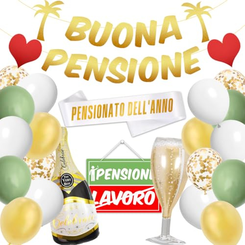 Pensione Decorazioni, Buona Pensione Striscione, Fascia, Palloncini Decorazioni Oro e Verde, Gadget, Regalo Donna Uomo