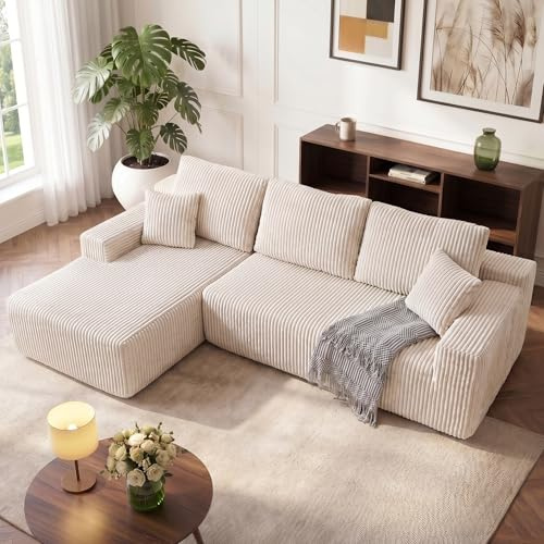 HOMRELEXA 267cm Ecksofa mit Schlaffunktion, Corduroy Boneless Couch, Modulares Schlafsofa L Form, 75cm Sitztiefe, Sofa 3 Sitzer mit Chaiselongue, Montagefrei Wohnlandschaft, Beige
