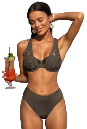 CUPSHE Bikiniset för kvinnor push-up tvådelad baddräkt baddräkt bygel topp crossback back krok, Brun, M