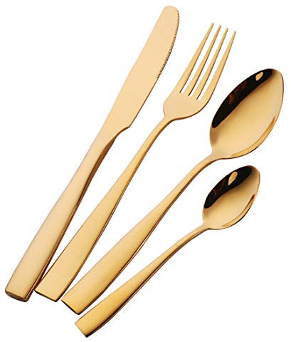 Buyer Star 4 pezzi Set di posate Oro Acciaio inox posate Set vasellame riutilizzabile per Nozze Festa Cena Cucchiaio da dessert Cucchiaino Coltello Forchetta