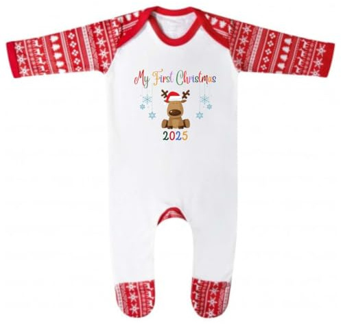 Second Ave My First Christmas Baby Grow - Mameluco de manga larga con estampado festivo para bebé, Blanco/Rojo, 6-12 Months
