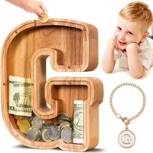 Summidate Salvadanaio Legno Bambini, Porcellino Salvadanaio Trasparente Lettera A-Z, Regalo Educativo Compleanno e Battesimo Personalizzabile con Adesivi per Ragazzi e Ragazze