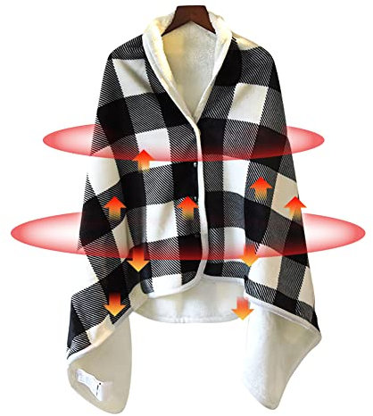 Coperta riscaldata elettrica a quadri USB, in pile indossabile, con chiusura a scatto, comoda poncho avvolgente per casa, ufficio, viaggi, 3 impostazioni di temperatura e timer (139.7x80 cm)