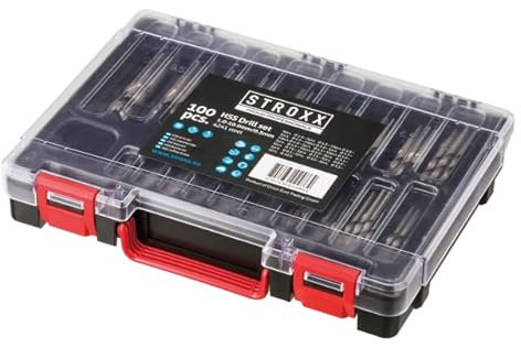 STROXX - HSS-Bohrer-Set DIN 338, 100-teilig - Bit Set - Von 1mm bis 10mm - Hochleistungs Schnellarbeitsstahl - Spiralbohrer Set - 4241 Stahl - im Kunststoffkoffer