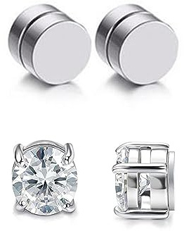 Stainless Steel Magnetic Non-piercing Biker Stud Earrings Set Piercing Huggie Small Hoop Surgical Steel Earring Stud Set Cubic Zirconia Hypoallergenic Earring for Mens Womens-2 Pairs Silver