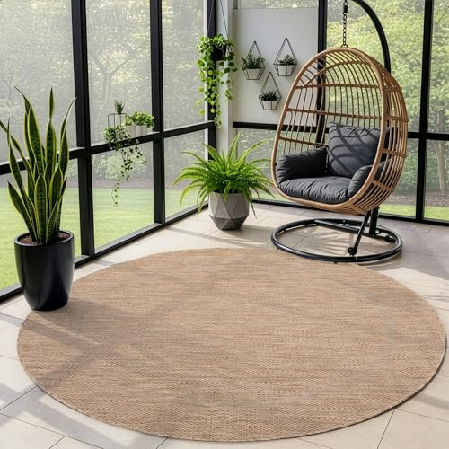Outdoor Teppich Wetterfest Einfarbiges Design Terrasse Balkon Teppich Rund Küche Garten Sisal-Look Küchenteppich Läufer Flur, Größe: 160 cm Rund, Farbe: Beige