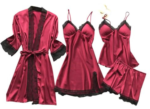 PonPed Conjuntos de Pijama de Seda con Ribete de Encaje para Mujer, 4 Uds., camisón, Pantalones Cortos, camisón, Conjuntos de Ropa de Dormir de satén Sexy (S,Red)