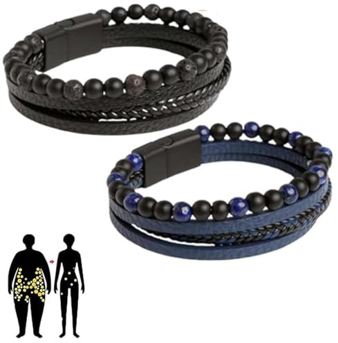 KIASRZN Natürliches Achatstein-Lederperlenarmband, natürliches Achatstein-Lederarmband zur Gewichtsreduktion, Volcanicx Wellness & Relief-Armband, verstellbares Magnetarmband (B+C)