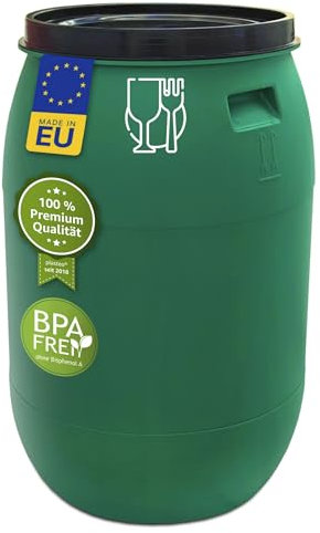 Das Plasteo® 220 Liter Weithalsfass mit Stülpdeckel, HDPE, BPA-Frei, lebensmittelecht, vielseitig verwendbar als Lebensmittelfass, Futtertonne, Regenwassertank 220 Liter Grün