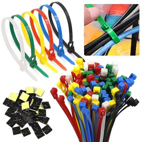 Kabelbinder Wiederverschließbar Cable Ties Bunt Set 300 x 5mm Kabelbinder Lösbar 50 Klebesockel UV Beständige Kabelbinder Hitzebeständig Rot Gelb Blau Grün Schwarz Weiß 100 Stück