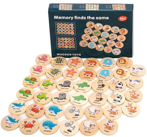 Jesustree Gioco di Memoria in Legno, Giochi di Abbinamento con Carte di Riconoscimento, Giocattoli da Tavolo Game per Bambini da 3 a 6 Anni (Animali Della Foresta e Vita Marina)