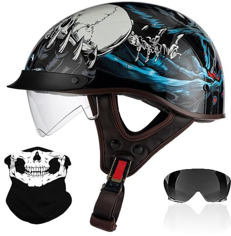 RHBDDHV Retro Motorrad Halbhelme, Motorradhelm mit ECE Zertifiziert, Vintage Deutscher Stil Jethelm mit Visier, Halbschalenhelm Damen und Herren, für Biker Chopper Cruiser Roller Scooter