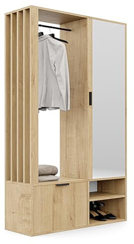 GREKPOL 100x33x190 cm (Rechts/Links) Garderobe Set mit Spiegel - Flurgarderobe Set Artisan - Garderobenschrank Flur mit Sieben Regalböden und Kleiderhaken