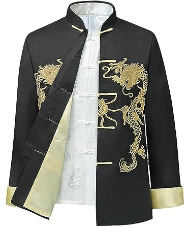 Traditioneller chinesischer Kampfsportanzug, Jacke mit Drachensymbol for Herren, besticktes Hemd im chinesischen Stil, Retro-Stil, mit Stehkragen und Schnallendesign for Herbst und Frühling(Black,XXL)