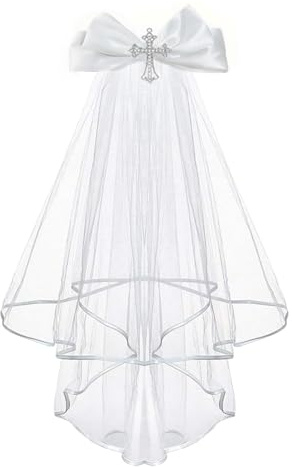 Merroyal Girls First Communion Veil with Rhinestone Cross, White Satin Bow, Two-Tier Design