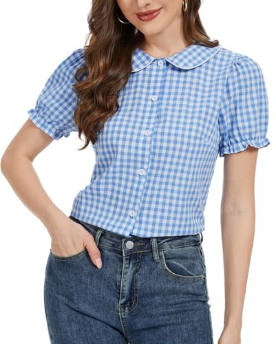 MINTLIMIT Women's Summer Gingham Blouse 2026 Plaid Top Short Sleeve Button Down Peter Pan Collar Shirt