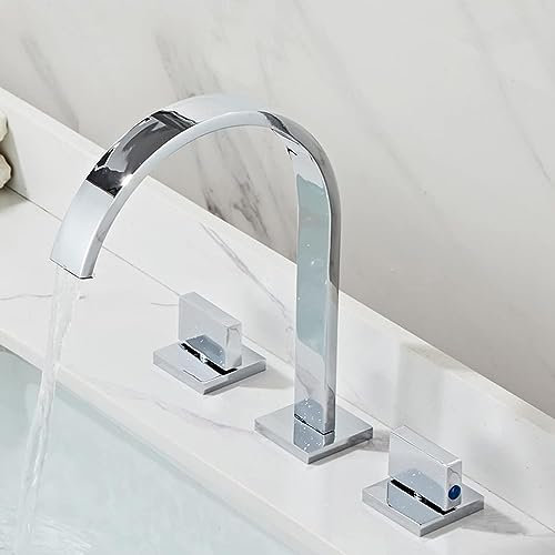 Moderno grifo de lavabo de baño de cascada de doble manija con 3 agujeros, grifos de tocador de cobre completo para baño elegante, diseño duradero y elegante