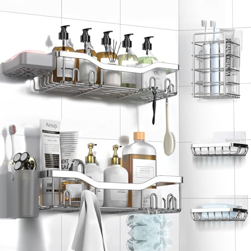 NESOMI Shower Caddy Adhesive Shower Organizer 7-Pack, Rustproof Stainless Steel Bathroom Shelves, Large Capacity No-Drill Rack Storage Accessories with Soap Dish Toothbrush Holder Hooks