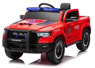 FINOOS Voiture Électrique Enfant RAM 12V avec 2,4 GHz Télécommande, à 2 Moteurs avec klaxon, LED, Musique, démarrage progressif, véhicule électrique, pour 1 à 4 Ans (Camion de Pompiers)