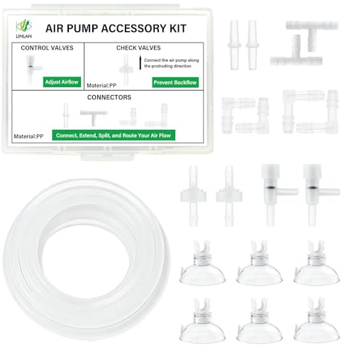LINLAN 10 Feet 3/16''Silicone Airline Tubing with Storage Box, Aquarium Air Pump Accessory Kit, 2 Check Valves, 2 Control Valves, 8 Connectors, 6 Suction Cups, for Fish Tank