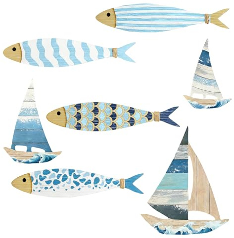 Yanxing 7 piezas de decoración marítima, decoración de peces, decoración de barcos, decoración de baño, pescado, velero, madera, decoración colgante, adecuado para dormitorio, baño, sala de estar
