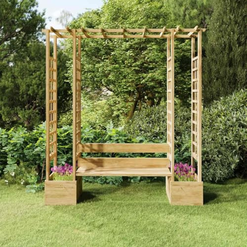 Pérgola de jardín de madera de pino maciza impregnada con banco y dos maceteros de 230 x 60 x 198 cm para rosas, plantas trepadoras, clemátides, hiedra