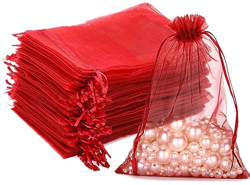 G2PLUS 100PCS Sacchetti Organza Rosso 13x18CM - Borse Regalo con Coulisse per Matrimonio, Confetti, Caramelle e Gioielli