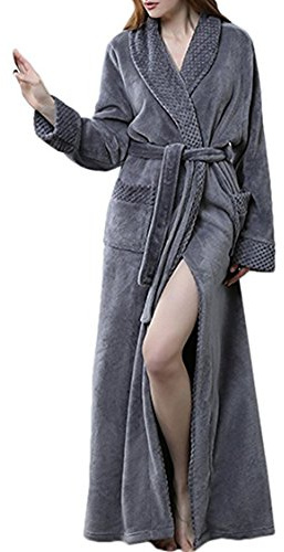 Peignoir Femme Velours Robe de Chambre Polaire Femme Chaud Long Flanelle Peignoir de Bain Eponge Hiver Longue pour Le Cadeau de Noël Gris L