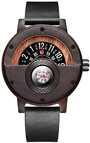 Compass Watches for Men, Turntable Wooden Watch, Lightweight Handmade, Quartz Sports Watch (# GO-145)