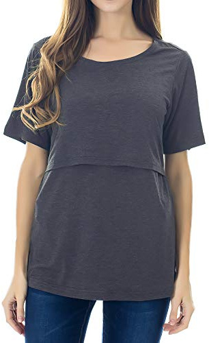 Smallshow Tops de enfermería Camisas de Manga Corta de Maternidad para Mujeres Ropa de Lactancia Materna M Deep Grey
