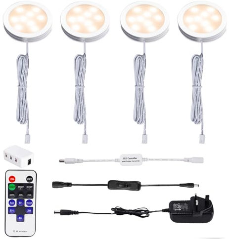 AIBOO LED Under Cabinet Kitchen Lights Plug in Wired 4 Pack with Remote,Warm White Dimmable Under Cupboard Kitchen Lights Mains Powered,Under Counter Light Display for Closet Showcase Wardrobe